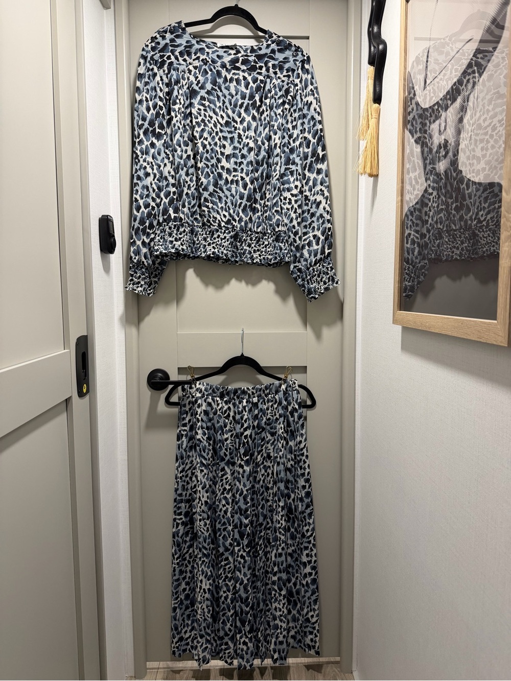 Notations Blue, Black & White Abstract Animal Print Blouse and skirt set